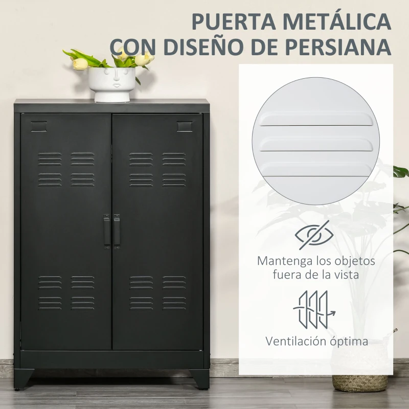 HOMCOM Armario Metálico con Doble Puerta y 2 Baldas Ajustables Mueble Multiusos para Oficina Salón Dormitorio 75x33x110cm Negro