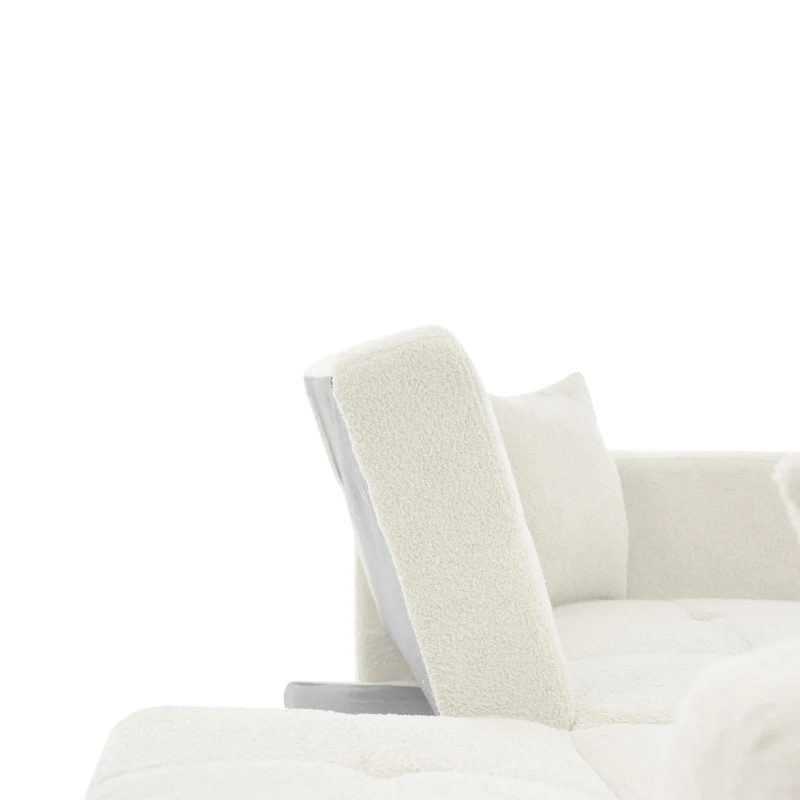 Convertible Sofa Bed with Adjustable Backrest, Sherpa Fabric, Gold Legs, Loveseat with Side Storage Pockets, 176L x 64W x 75H cm, White
