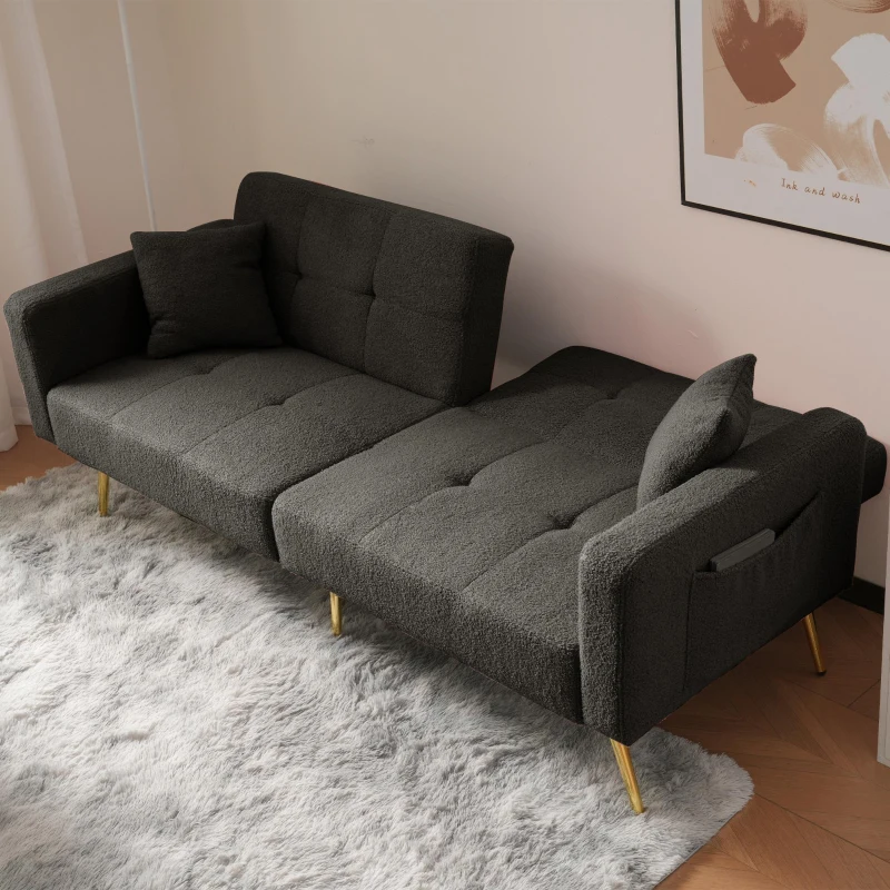 Modern Loveseat with Adjustable Backrest, Gold Legs, Side Storage Pockets, Sherpa Fabric Convertible Sofa Bed, 176L x 64W x 75H cm, Dark Grey