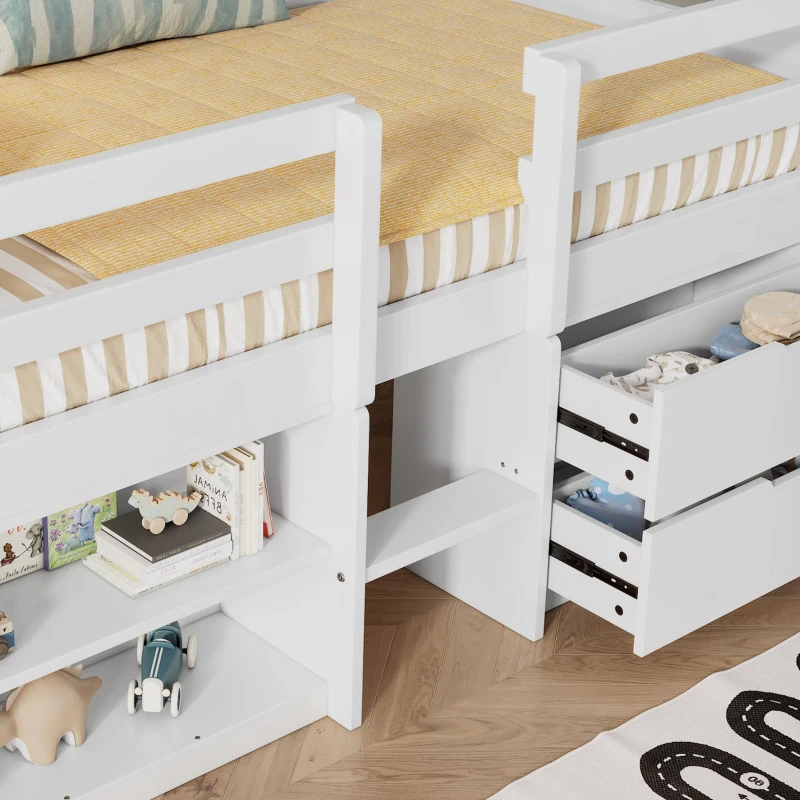 3ft Storage Bed with 2 Drawers and Compartments, Pine and Particle Board, for Children's Room - White