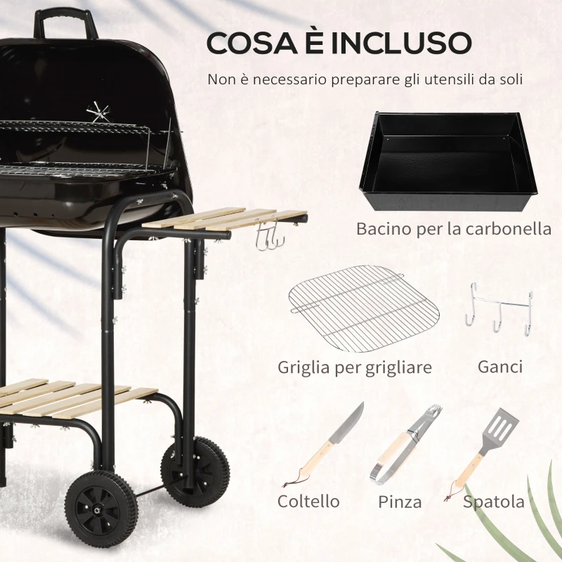 Outsunny Barbecue a Carbone con Coperchio, Ripiani e Ruote, Completo di Spatola, Pinza e Coltello, Nero