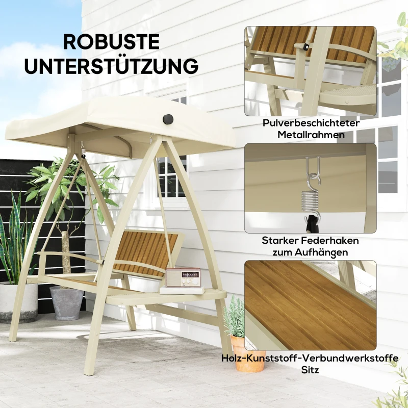 Outsunny Hollywoodschaukel 2-Sitzer Gartenschaukel mit verstellbarem Sonnendach, Seitentisch 200 x 120 x 190cm, Beige(m-6)