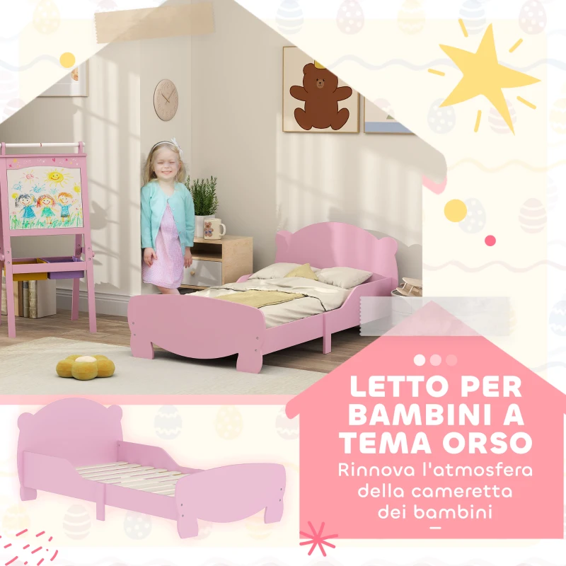 AIYAPLAY Lettino per Bambini con Testiera e Pediera a Orso e 2 Sponde Laterali, in Legno, 143.5x80x55 cm, Rosa
