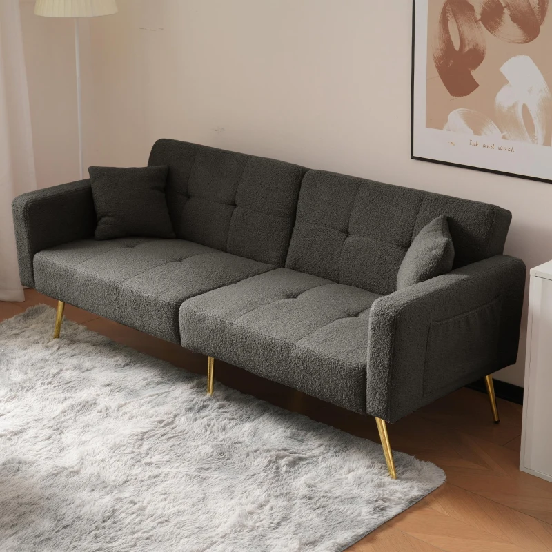 Modern Loveseat with Adjustable Backrest, Gold Legs, Side Storage Pockets, Sherpa Fabric Convertible Sofa Bed, 176L x 64W x 75H cm, Dark Grey
