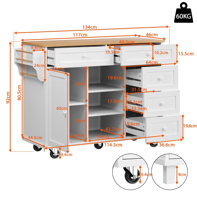 Dining Trolley with Drawer-Storage Cabinet, Mobile and Fixed Dual-Use Design, Versatile Food Cart for Kitchens, 134L x 46W x 92H cm, White