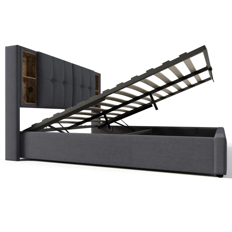 Upholstered Double Bed with Wireless Charging and Hydraulic Storage, Linen Fabric King Size Bed Frame, 206L x 155W x 100.5H cm, Grey