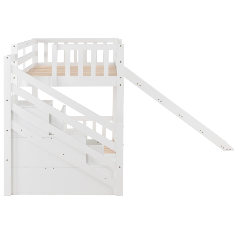 Bunk Bed with Stairs and Slide, Solid Pine Wood Frame, Children's Bed with Storage Drawers, Modern and Sturdy Design, 233L x 223W x 125H cm, White