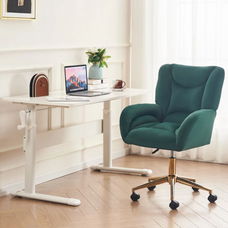 Height-Adjustable Swivel Chair with 360° Revolving Wheels, Gold Legs, Velvet Armchair for Home Office, 64L x 62W x 92.5-99H cm, Green