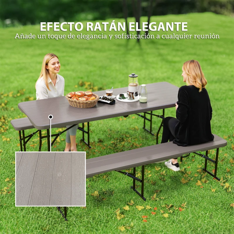 Outsunny Conjunto de Camping Plegable de Mesa y Bancos Imitación Madera para Exterior 180x74x74 cm y 182x28x42 cm Marrón