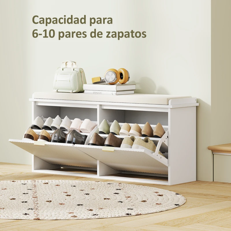 HOMCOM Banco Zapatero con Asiento Acolchado 2 Cajones Abatibles y Estante Ajustable para Entrada 104x26x47,5 cm Blanco