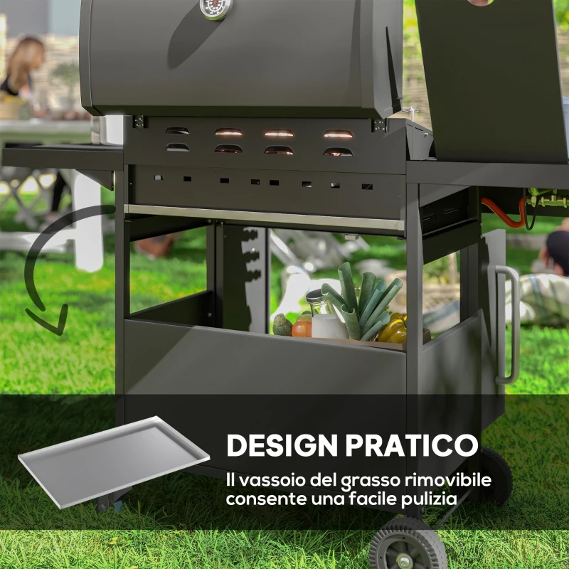 Outsunny Barbecue a Gas con Fornello Laterale, Tavolino e Armadietto, in Acciaio e PP, 129.5x56x110 cm, Nero