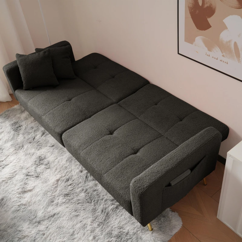 Modern Loveseat with Adjustable Backrest, Gold Legs, Side Storage Pockets, Sherpa Fabric Convertible Sofa Bed, 176L x 64W x 75H cm, Dark Grey