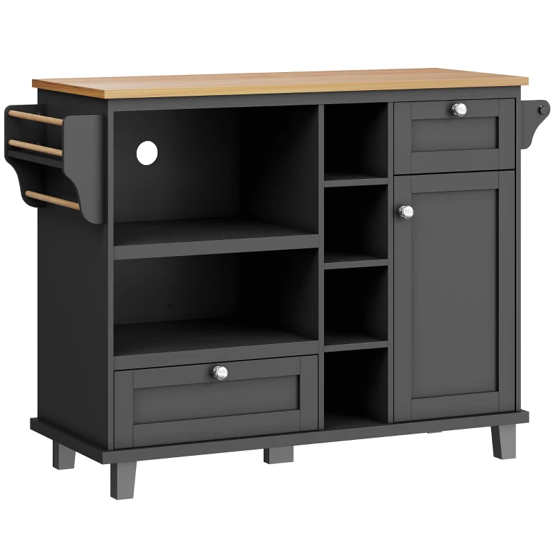 Mobile Kitchen Trolley with 5 Wheels, Drawers and Cupboards, Wooden Worktop, Food Cart for Kitchen Organization, 129L x 46W x 92H cm, Black