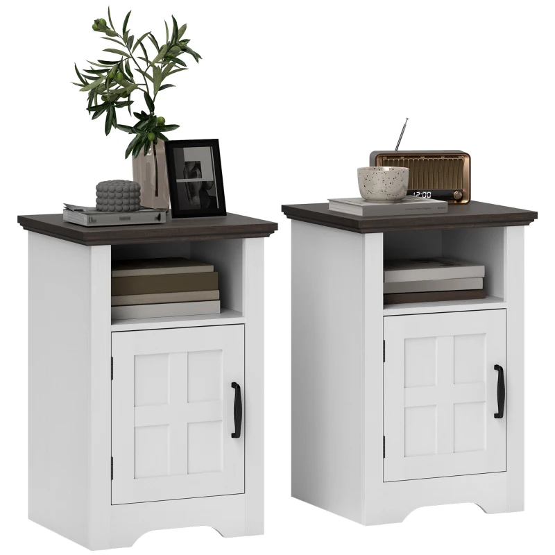 HOMCOM Mesitas de Noche Rústicas Mesas Auxiliares con Puerta Estilo Granero y Estante 40x35x60 cm Blanco y Marrón