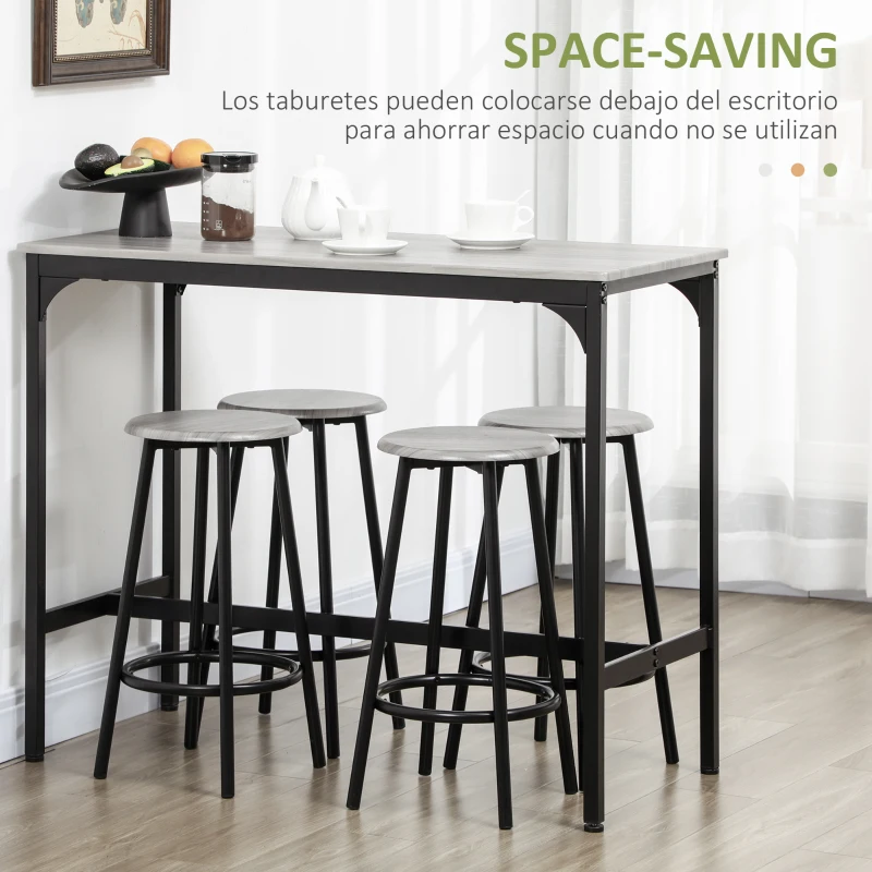 HOMCOM Set de Mesa de Bar y 4 Taburetes Estilo Industrial Marco de Metal para Cocina Salón Gris y Negro