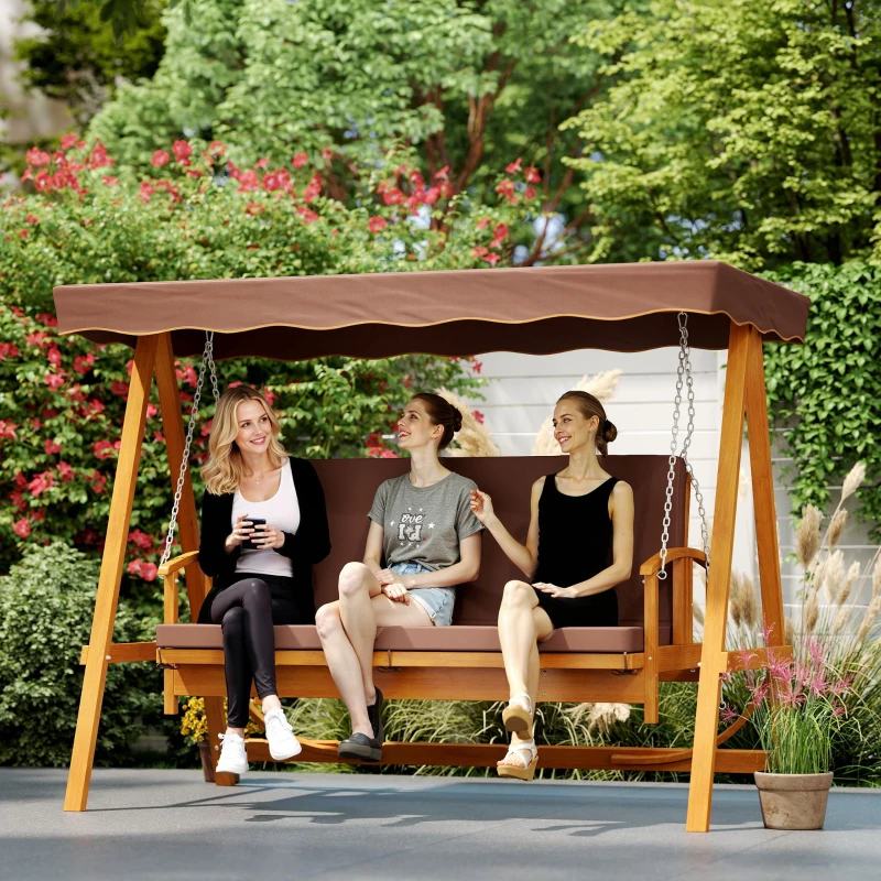 Outsunny Hollywoodschommel met Zonnedak, Echthouten Tuinschommel, Schommelbank met Ligfunctie, Voor 3 Personen, Bruin(m-8)
