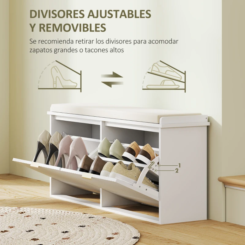 HOMCOM Banco Zapatero con Asiento Acolchado 2 Cajones Abatibles y Estante Ajustable para Entrada 104x26x47,5 cm Blanco