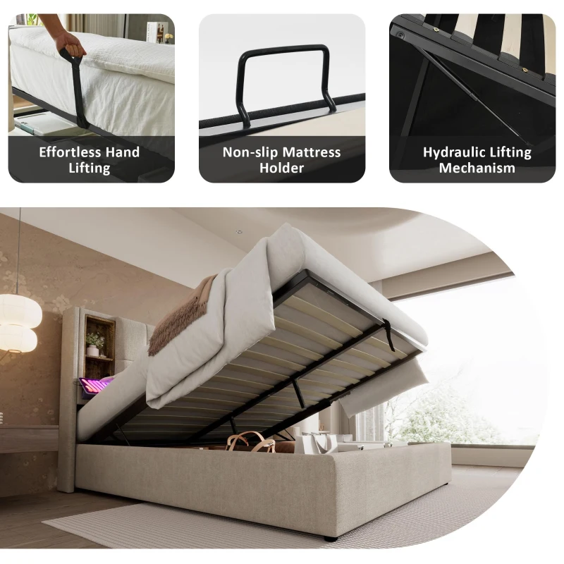 Upholstered Double Bed with Wireless Charging, Hydraulic Storage and Linen Fabric, 206L x 155W x 100.5H cm, Natural