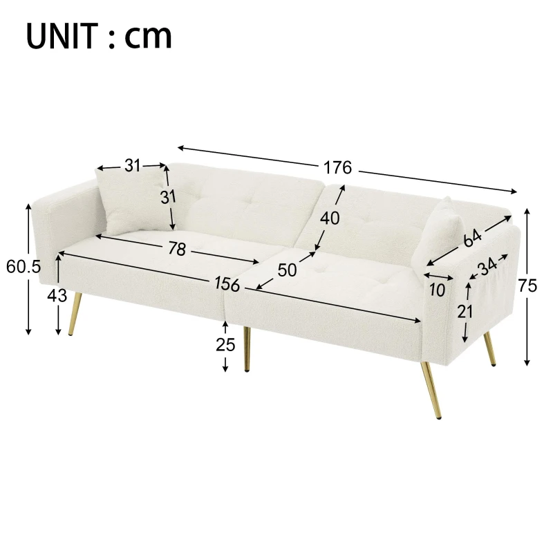 Convertible Sofa Bed with Adjustable Backrest, Sherpa Fabric, Gold Legs, Loveseat with Side Storage Pockets, 176L x 64W x 75H cm, White