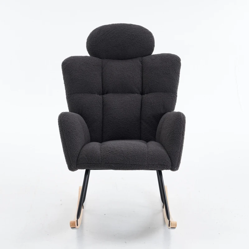 Ergonomic Teddy Fabric Rocking Chair with Tufted Seat, Headrest and Backrest, Painted Metal Base, 102L x 70W x 105H cm, Dark Grey