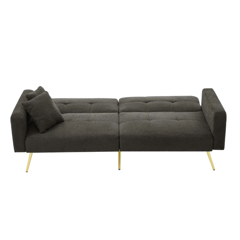 Modern Loveseat with Adjustable Backrest, Gold Legs, Side Storage Pockets, Sherpa Fabric Convertible Sofa Bed, 176L x 64W x 75H cm, Dark Grey