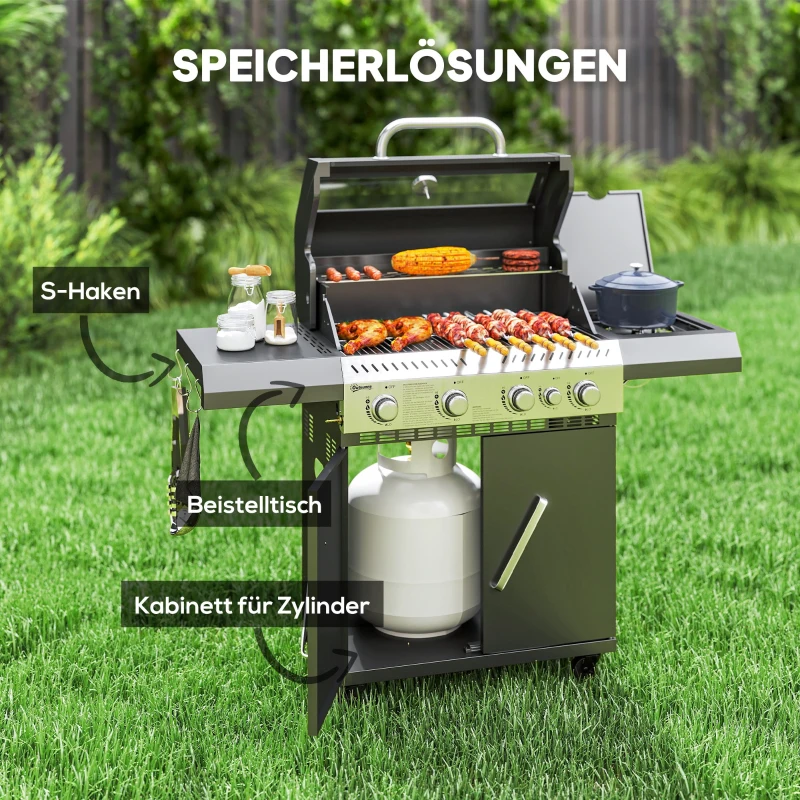 Outsunny Gasgrill 12 KW Grillwagen inkl 5 Brenner Seitenkocher Rolle Deckel Thermometer Seitenablagen 135 x 54 x 110 cm(m-7)