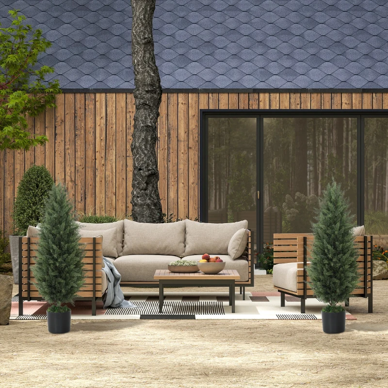 HOMCOM Set van 2 Kunstcipressen, Kunstbomen met 831 Bladeren, met Cementpot, UV-bestendig, Kunstplant, 90 cm, Groen