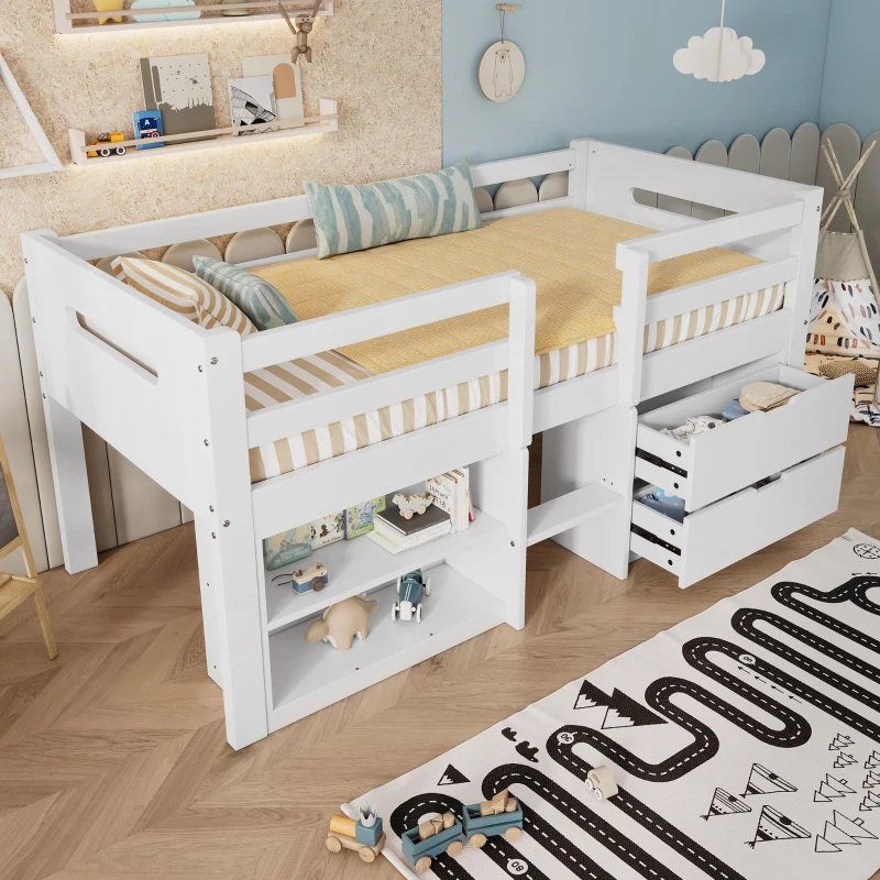 3ft Storage Bed with 2 Drawers and Compartments, Pine and Particle Board, for Children's Room - White