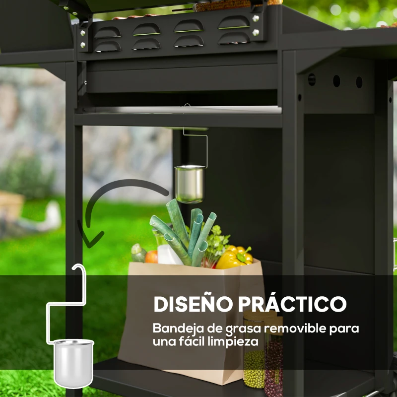 Outsunny Barbacoa de Gas con 3 Quemadores Parrilla para 5-9 Personas Quemador Lateral Termómetro y Ruedas 123x57x98 cm Negro