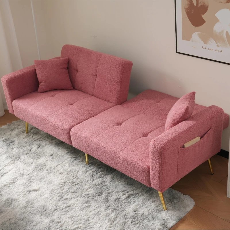 Convertible Sofa Bed with Adjustable Backrest, Gold Legs, Side Pockets, Sherpa Fabric Sleeper Sofa for Bedroom, 176L x 64W x 75H cm, Pink