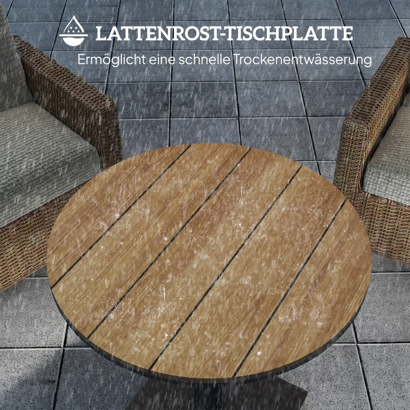 Outsunny Tuintafel Ø70 cm, Weerbestendige Ronde Balkontafel met Lamellenontwerp, Staal Ø70 x 74H cm Natuurlijk Hout