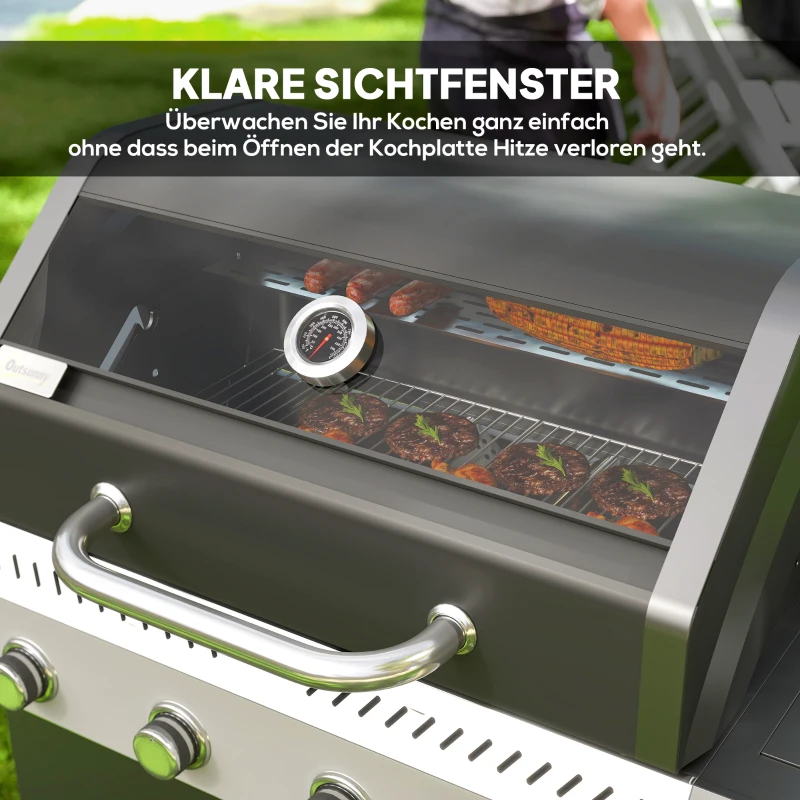 Outsunny Gasgrill 12 KW Grillwagen inkl 5 Brenner Seitenkocher Rolle Deckel Thermometer Seitenablagen 135 x 54 x 110 cm(m-5)