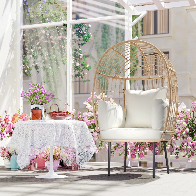 Outsunny Rattansessel Ei-Förmig mit abnehmbarem Kissen, Polster, Outdoor Sessel aus Rattan 95 x 80 x 155 cm Beige(m-9)