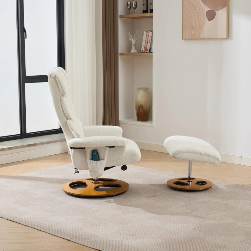 Chenille Upholstered Massage Recliner with Ottoman Footstool, 5-Point Massager, Ergonomic Backrest, 88L x 80W x 106H cm, White