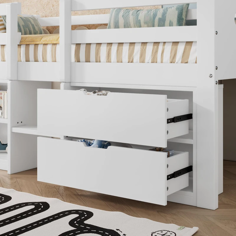 3ft Storage Bed with 2 Drawers and Compartments, Pine and Particle Board, for Children's Room - White