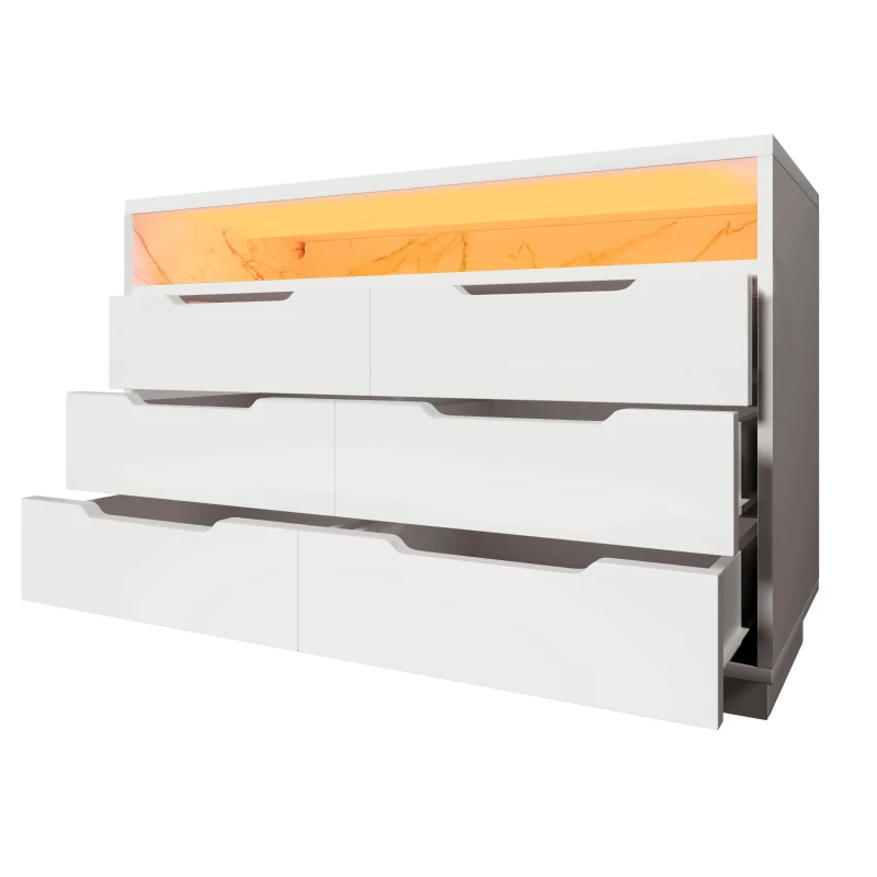 Marbled 6-Drawer Sideboard with RGB LED Lighting, Modern Storage Cabinet for Living Room or Home Office, 120L x 40W x 85H cm, White