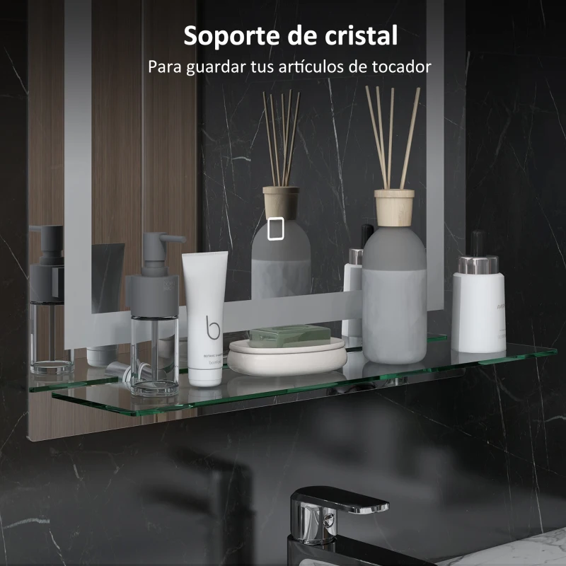 kleankin Espejo para Baño 50x70 cm con 3 Colores de Luz Estante de Vidrio Función de Memoria e Interruptor Táctil Plata