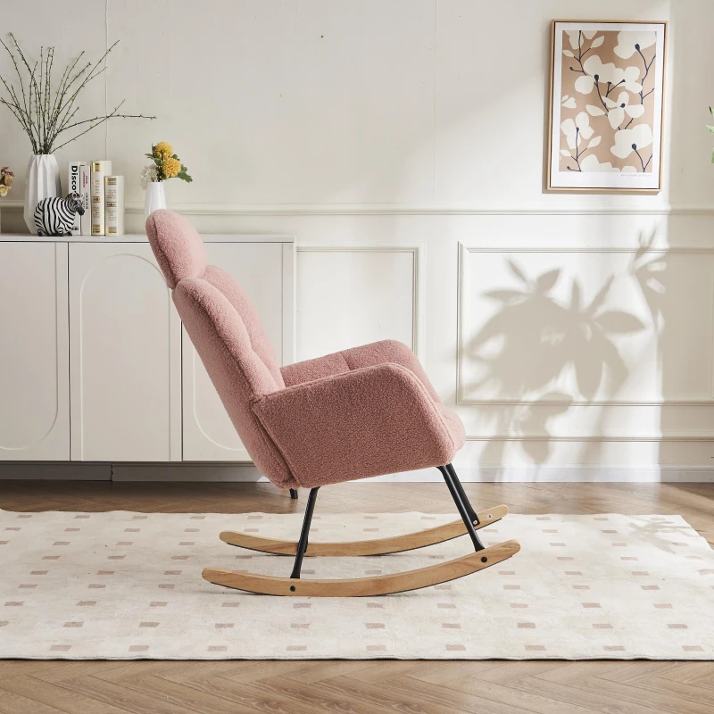 Upholstered Tufted Teddy Fabric Rocking Chair with Headrest and Backrest, Wooden Frame, Painted Metal Base, 102L x 70W x 105H cm, Pink