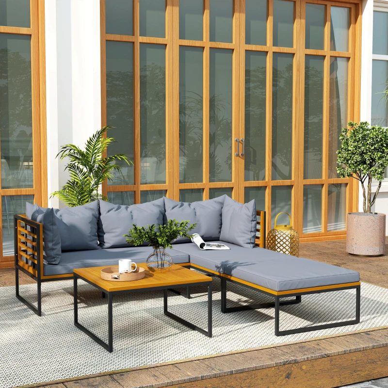 Outsunny Conjunto de Jardín Exterior con 2 Sofás de 2 Plazas Sofá de Esquina y Mesa de Centro de Madera con Cojines Gris y Teca