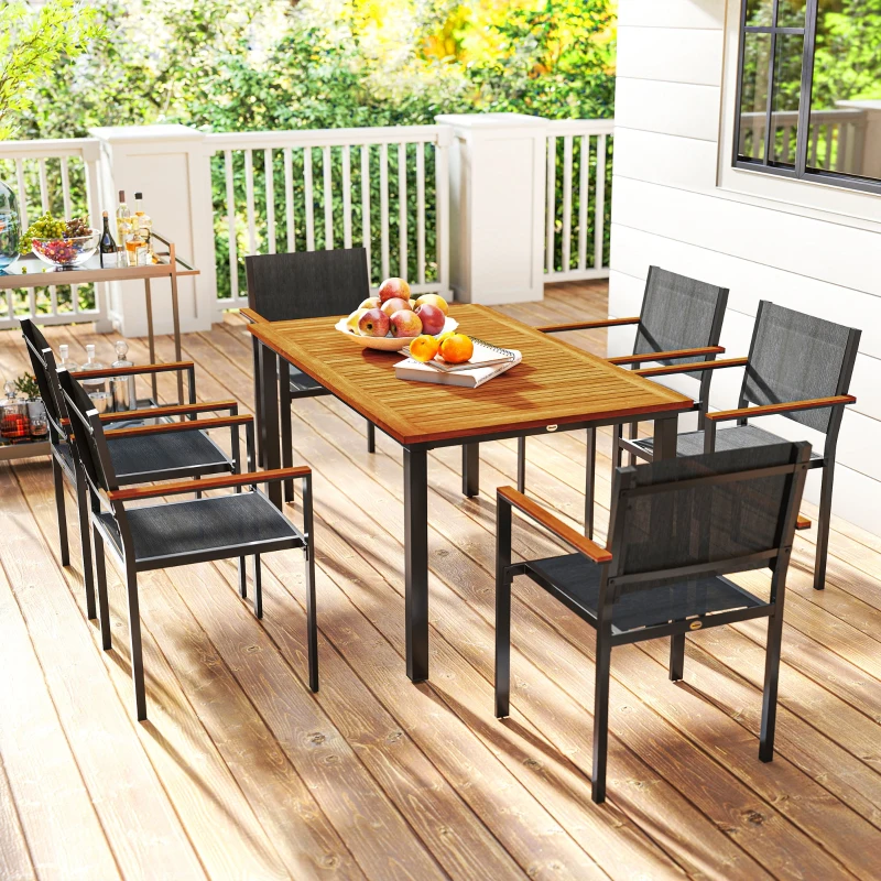 Outsunny Set de Grădină din 7 Piese cu Masă și 6 Scaune Stivuibile cu Brațe, 150x90x75 cm, Lemn Natural
