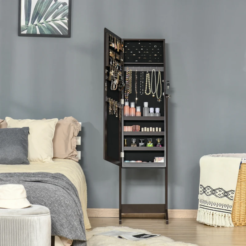 HOMCOM Armoire à Bijoux avec Miroir à Pied Multi-Rangement Inclinaison réglable Serrure dim. 46L x 36,5l x 151,5H cm Marron