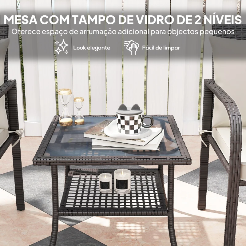 Outsunny Conjunto de Jardim de 3 Peças com 2 Cadeiras e Mesa com Prateleira e Bancada de Vidro Marrom Escuro e Creme