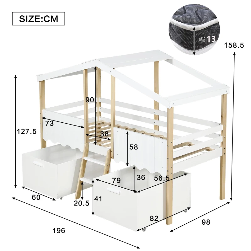 Children's Wooden Storage Bed with Safety Guardrail, Roof Design and Two Wheeled Storage Boxes, 196L x 98W x 158.5H cm, White+Natural