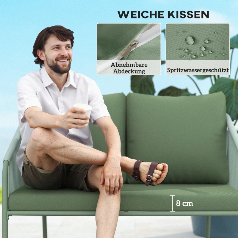 Outsunny Gartensofa mit Kissen 2-Sitzer Rattan Sofa Lounge Sofa Outdoor Balkon Sofa 112 x 72 x 76 cm Grün(m-6)