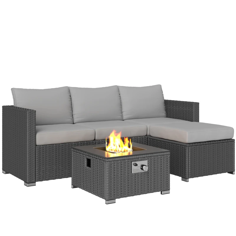 Outsunny Five Piece Rattan Garden Furniture Set with Gas Fire Pit Table and Footstool - Grey