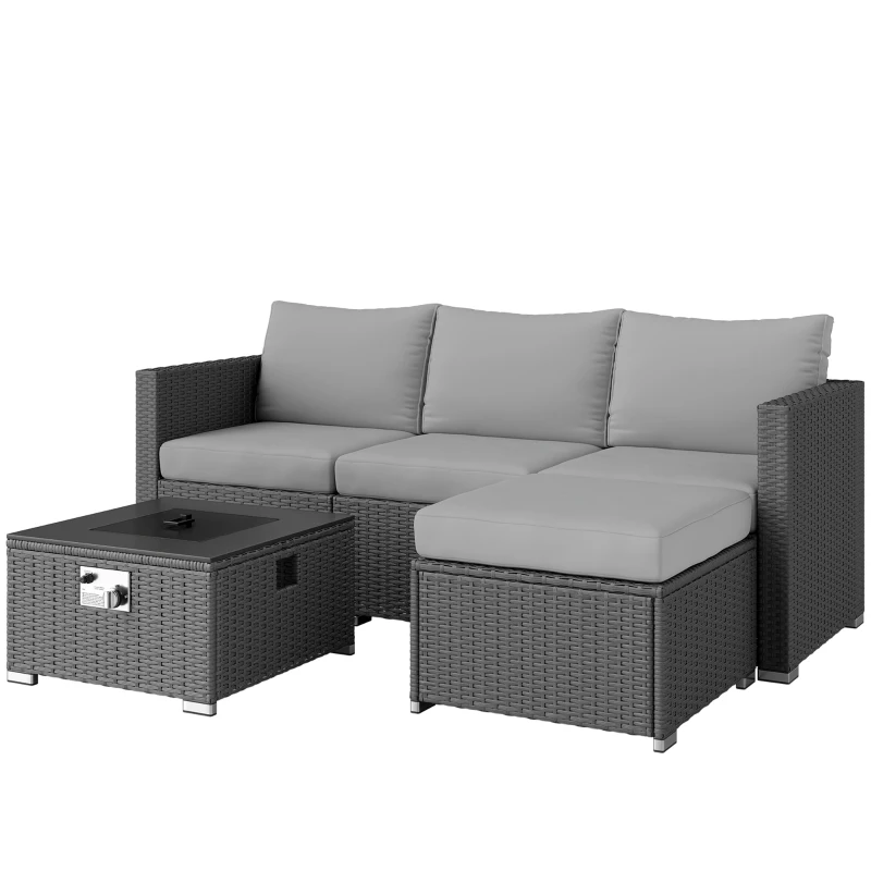 Outsunny Five Piece Rattan Garden Furniture Set with Gas Fire Pit Table and Footstool - Grey