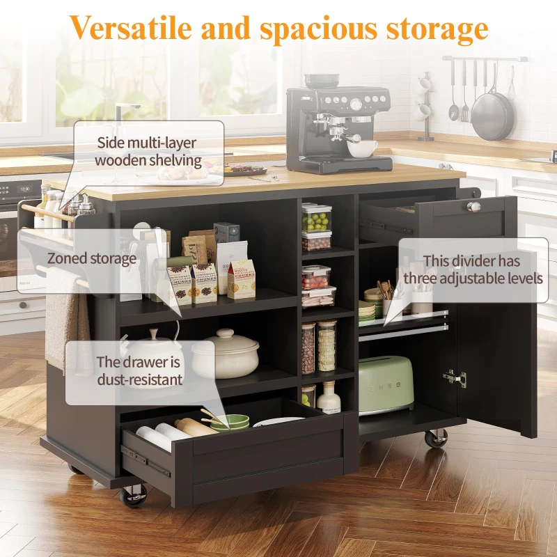 Mobile Kitchen Trolley with 5 Wheels, Drawers and Cupboards, Wooden Worktop, Food Cart for Kitchen Organization, 129L x 46W x 92H cm, Black