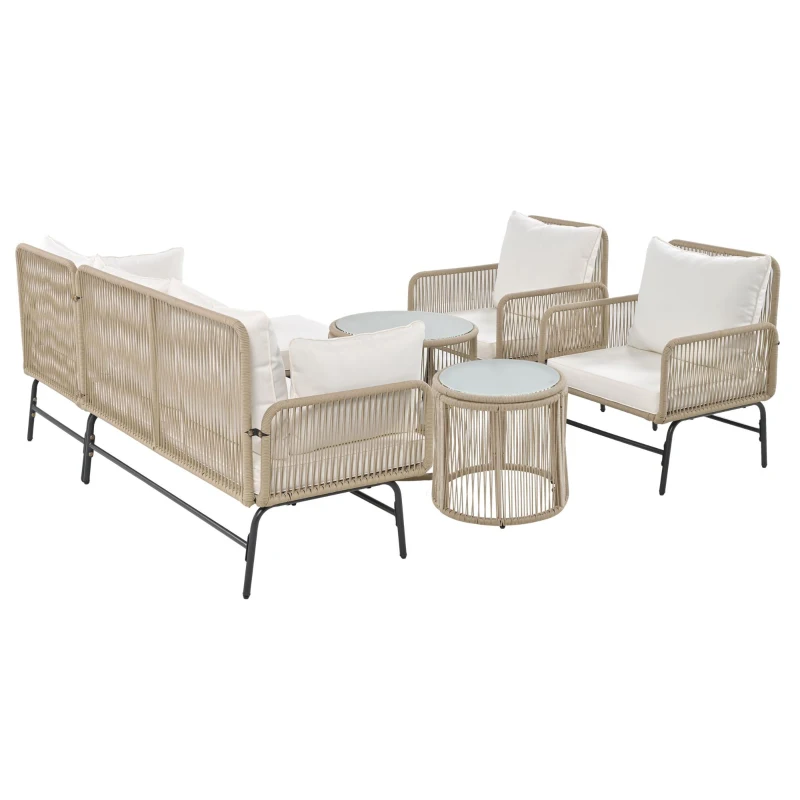 Hand-Woven Garden Lounge Sofa Set with 2 Armchairs, 2 Two-Seater Sofas, 2 Round Tables, Ideal for Patio, Terrace, 187L x 124W x 78H cm, Beige