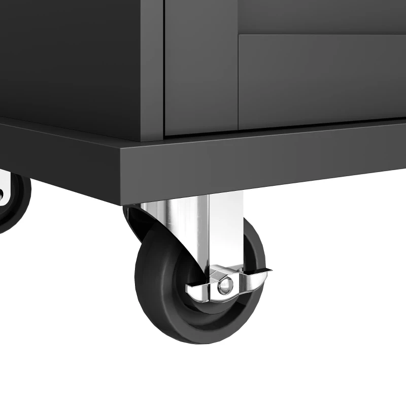 Mobile Kitchen Trolley with 5 Wheels, Drawers and Cupboards, Wooden Worktop, Food Cart for Kitchen Organization, 129L x 46W x 92H cm, Black