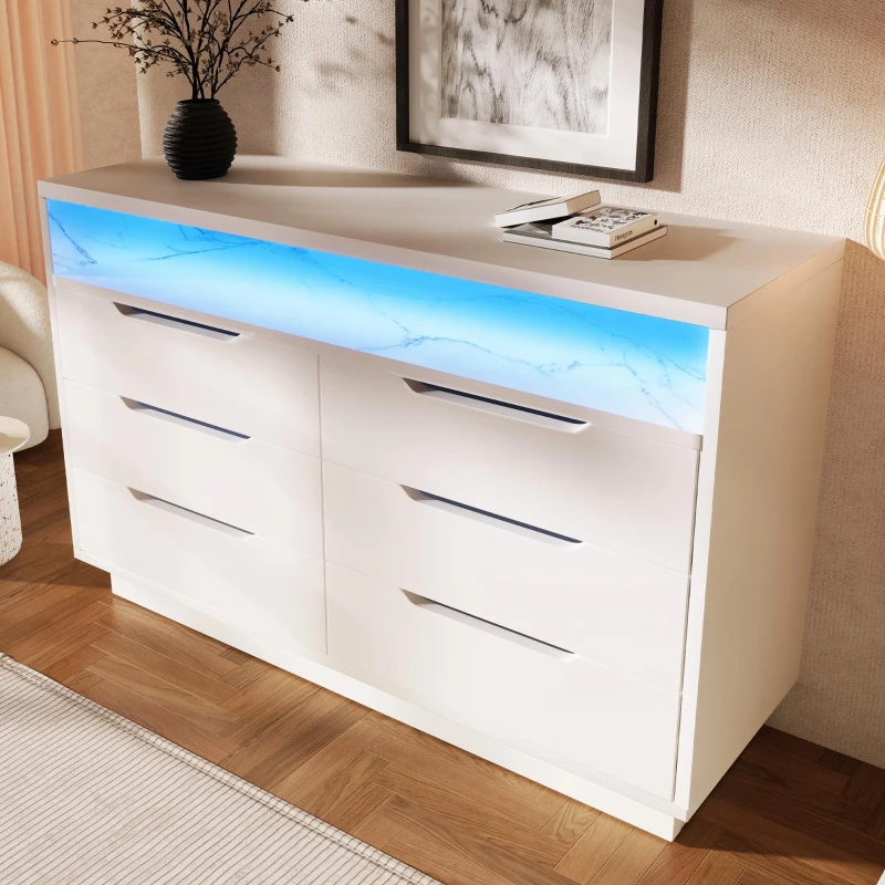 Marbled 6-Drawer Sideboard with RGB LED Lighting, Modern Storage Cabinet for Living Room or Home Office, 120L x 40W x 85H cm, White